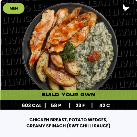 Chicken breast, Potato Wedges, Creamy spinach (Swt Chilli Sauce)