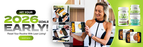 Advertisement for Lean Living products with a woman holding a shake and text encouraging 2026 goals.